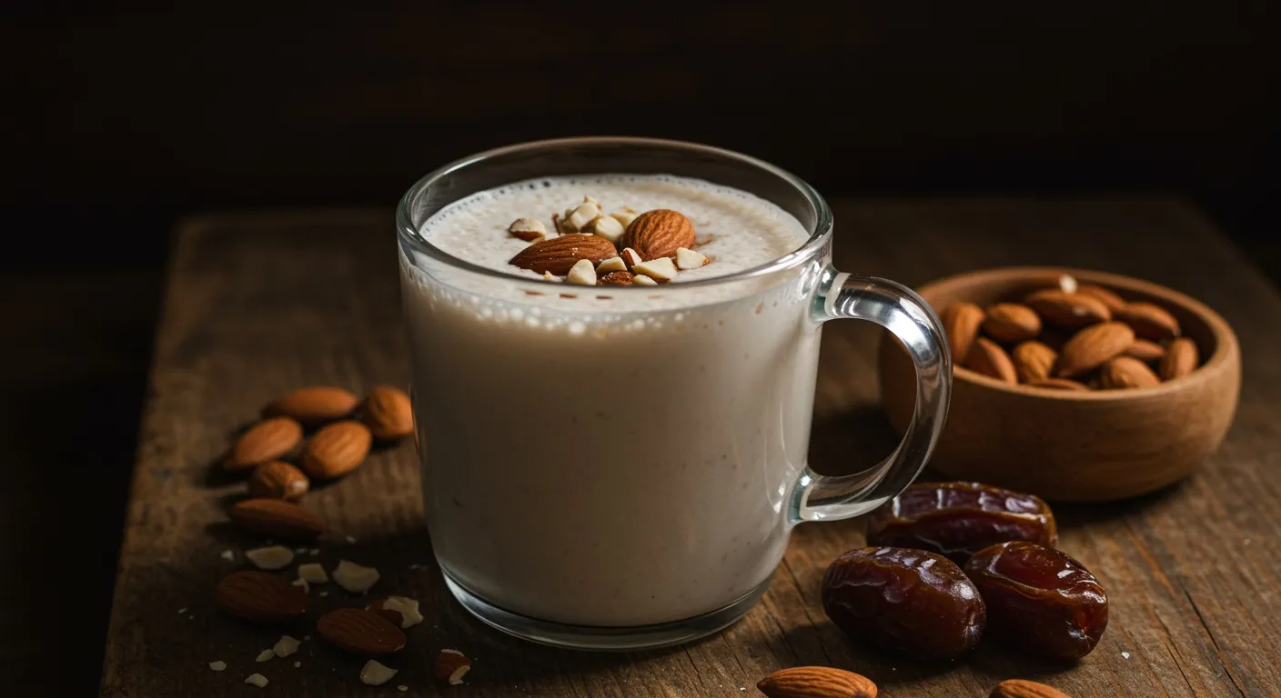 Glass mug of warm pale-cream almond date milk topped with a sprinkle of crushed almonds beside a small wooden bowl of soaked almonds and two whole dates