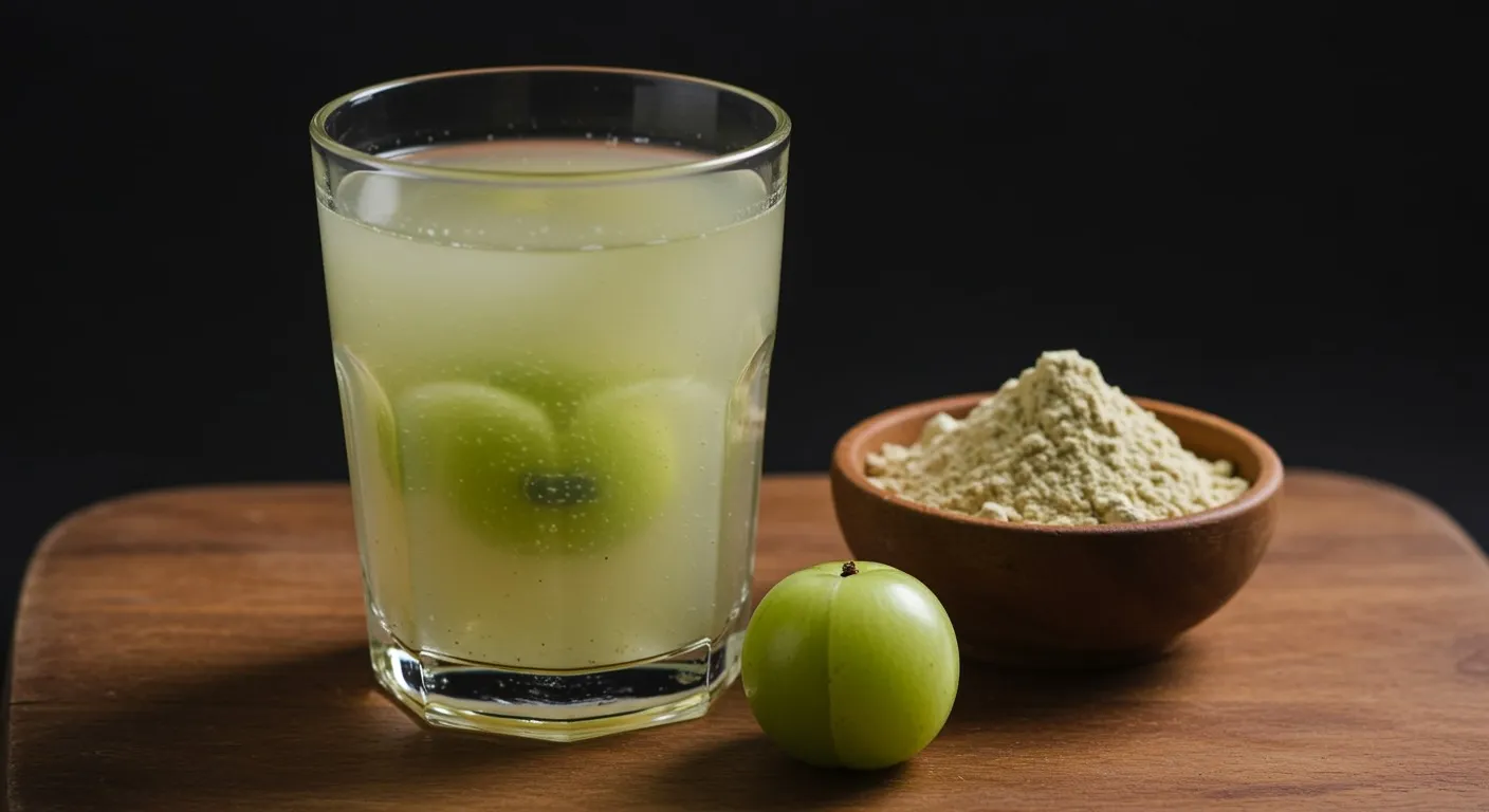 Glass of cloudy amla water with a whole green Indian gooseberry and a small bowl of amla powder on a wooden surface