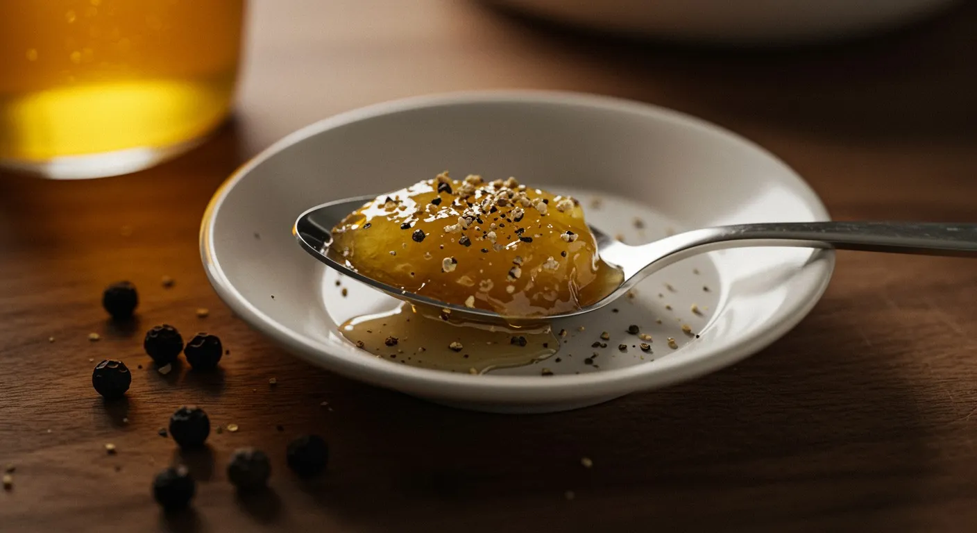 A teaspoon of honey topped with coarsely ground black pepper resting on a small white dish beside whole peppercorns