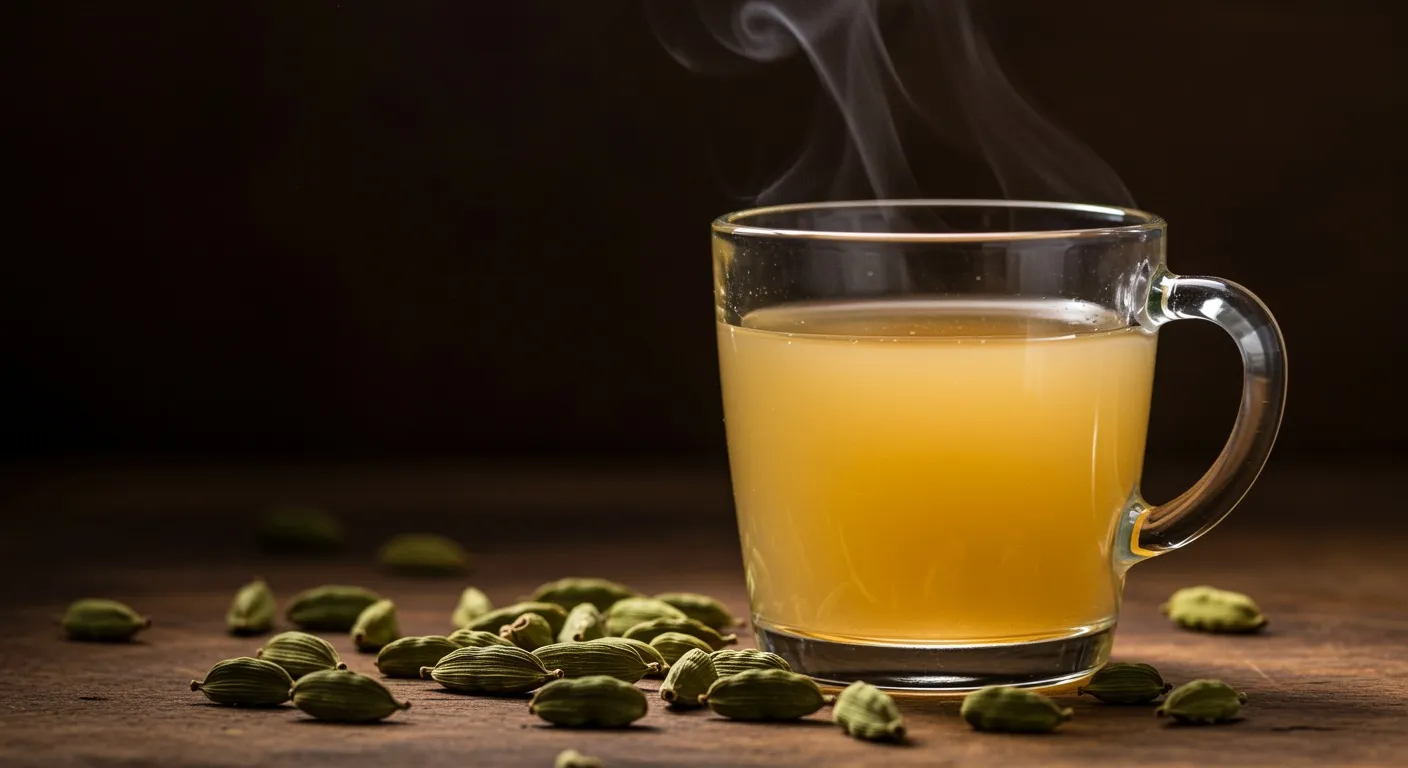 Glass cup of warm green cardamom tea with whole green cardamom pods scattered on a rustic wooden surface
