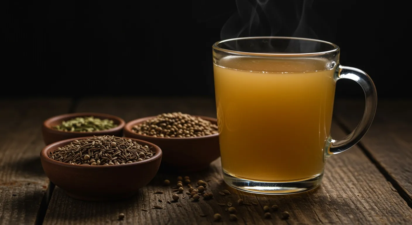 Clear glass mug of pale golden CCF tea on a wooden surface with three small ceramic bowls of cumin, coriander, and fennel seeds beside it