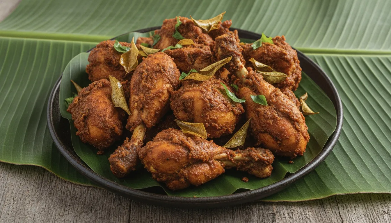 Plate of dark, dry Chettinad chicken chukka coated in roasted masala, topped with fried curry leaves and chopped coriander