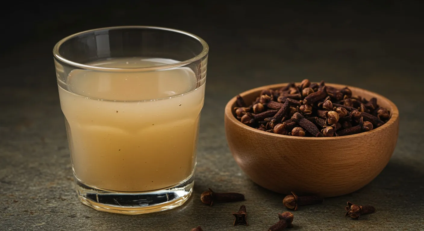 Small clear glass of warm clove decoction beside a wooden bowl of whole dried cloves on a stone surface