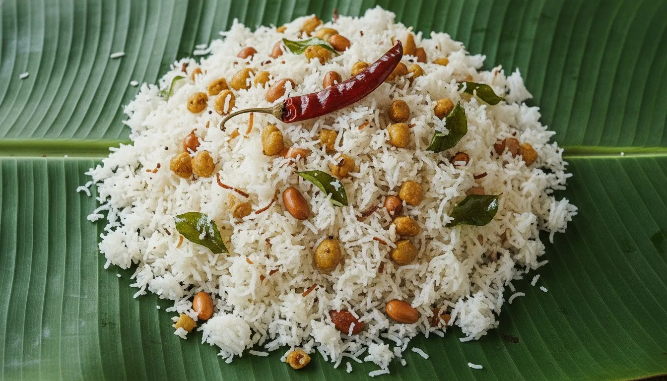 Bowl of South Indian coconut rice topped with golden fried peanuts and curry leaves, with grated coconut and dried red chilies beside it