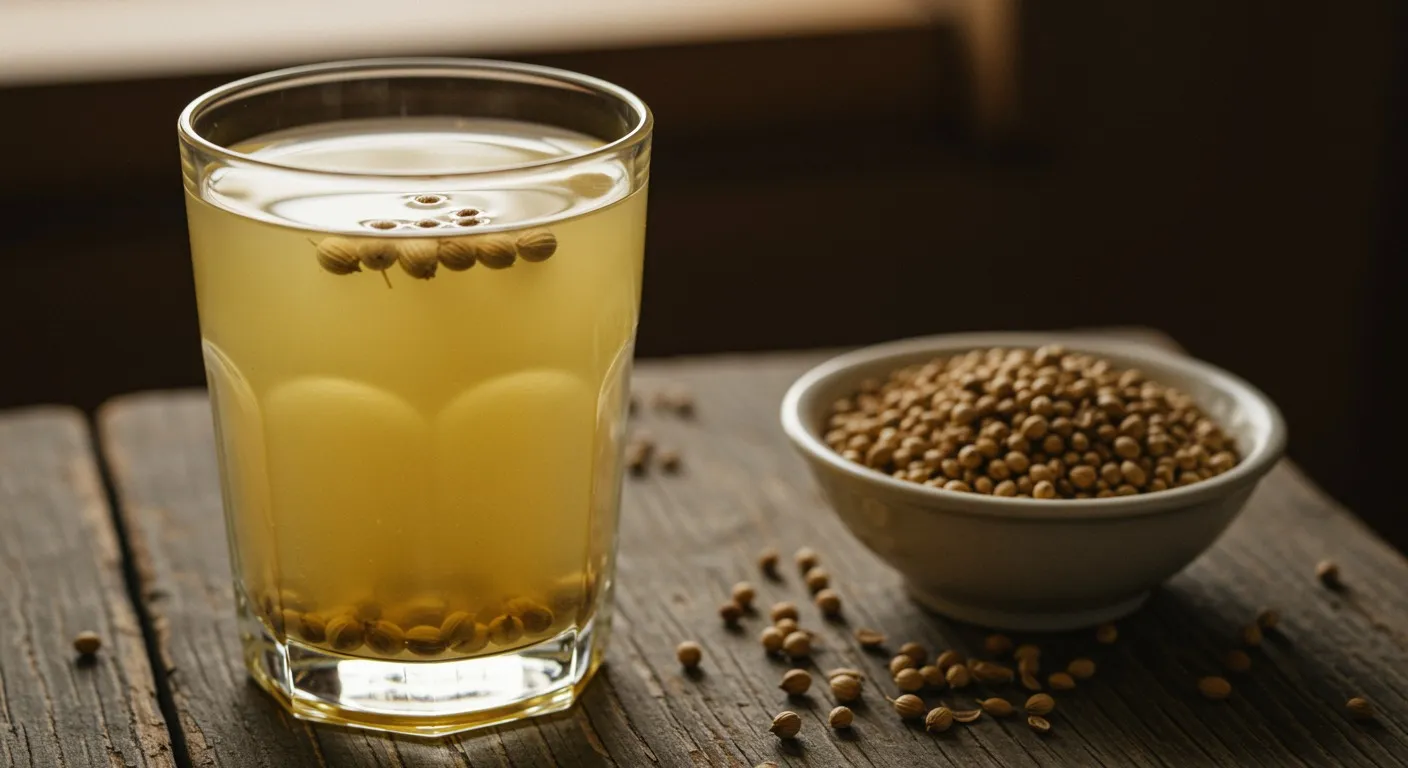 Tall clear glass of pale yellow coriander seed water with whole coriander seeds floating on top, beside a small wooden bowl of dry coriander seeds on a stone surface