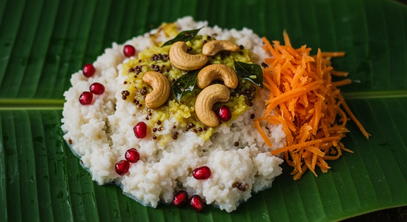 Bowl of creamy white curd rice topped with mustard seed and curry leaf tempering, grated carrot, and pomegranate seeds, served on a banana leaf