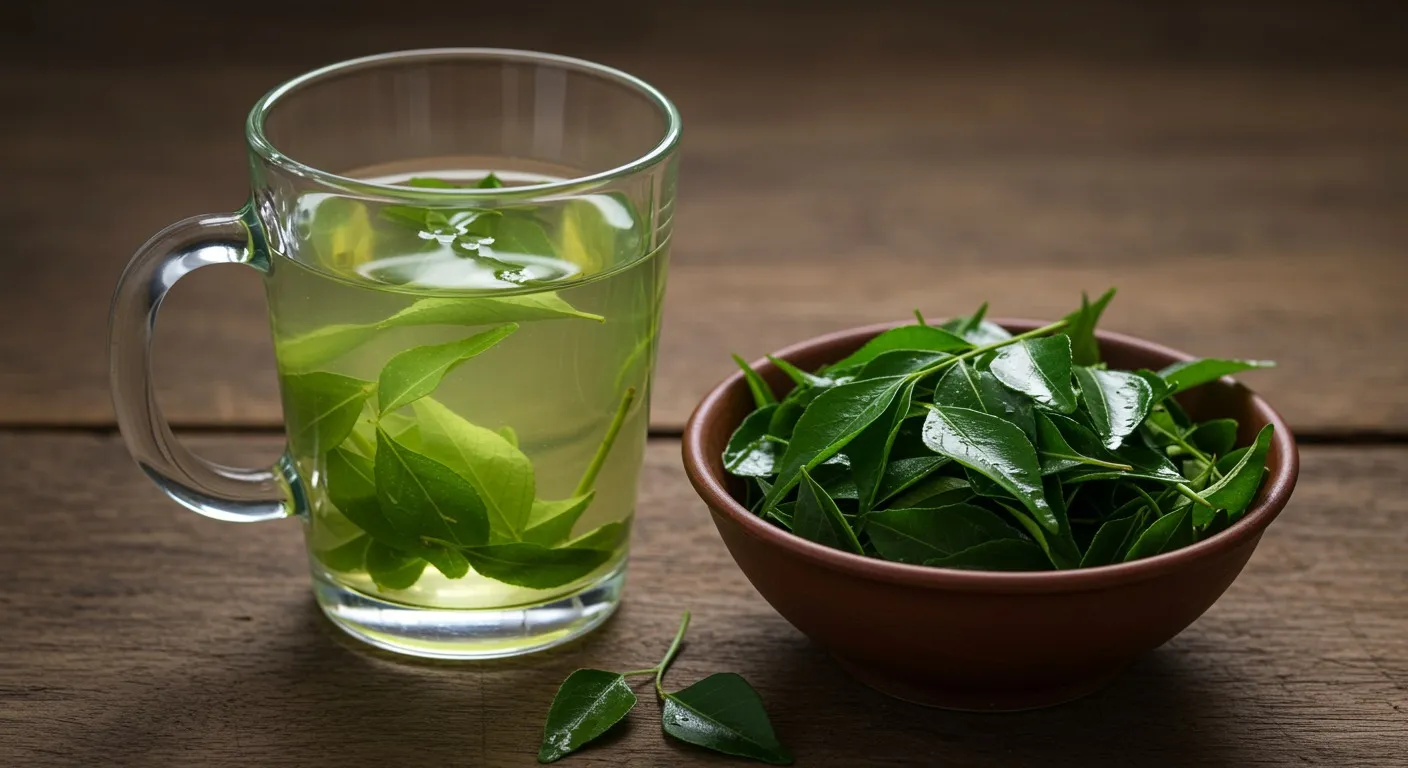 Glass cup of warm pale-green curry leaf water beside a small bowl of fresh curry leaves on a wooden table