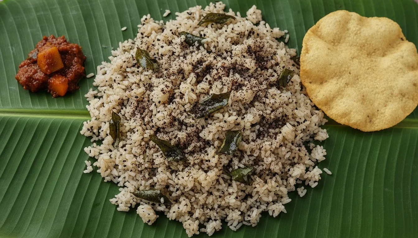 Bowl of Tamil sesame rice speckled with black sesame powder and curry leaves, served on a banana leaf with fried appalam on the side