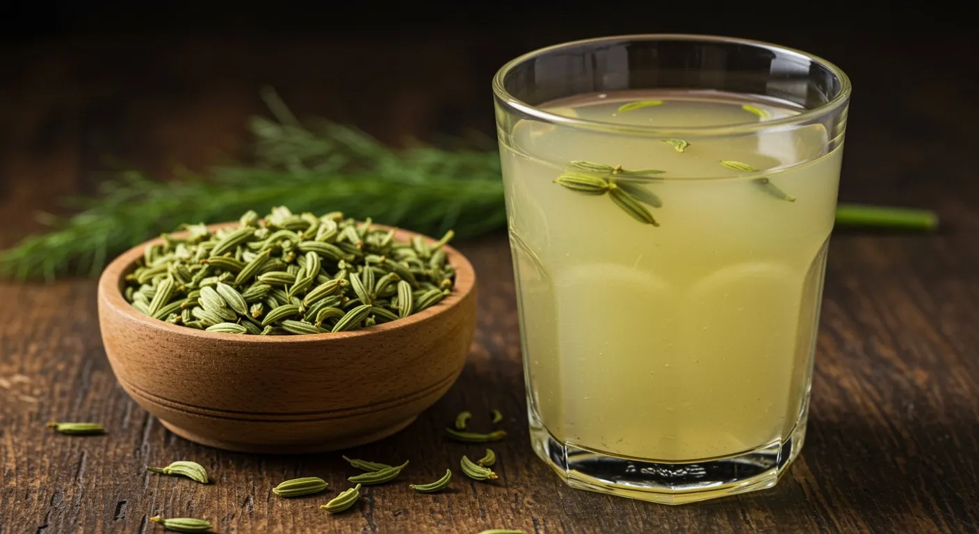 Glass of warm pale-gold fennel water with a small wooden bowl of whole green fennel seeds beside it on a wooden surface