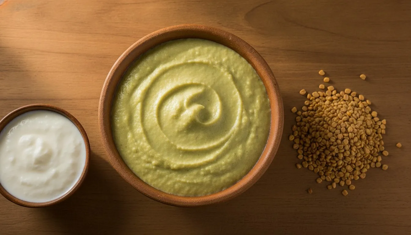 Bowl of soaked fenugreek seeds ground into a smooth paste beside whole methi seeds and a small dish of plain yogurt on a wooden table