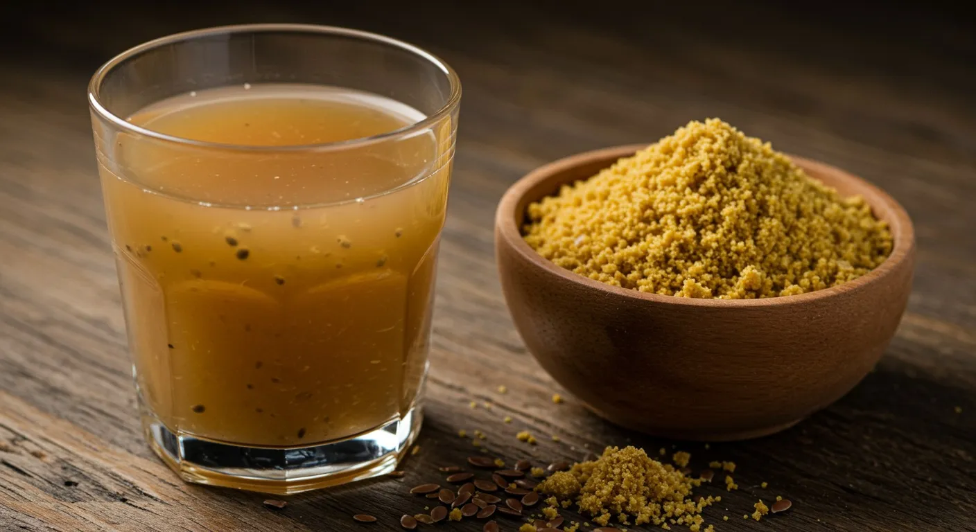 Glass of cloudy flaxseed water beside a small wooden bowl of ground golden-brown flax seeds on a wooden table
