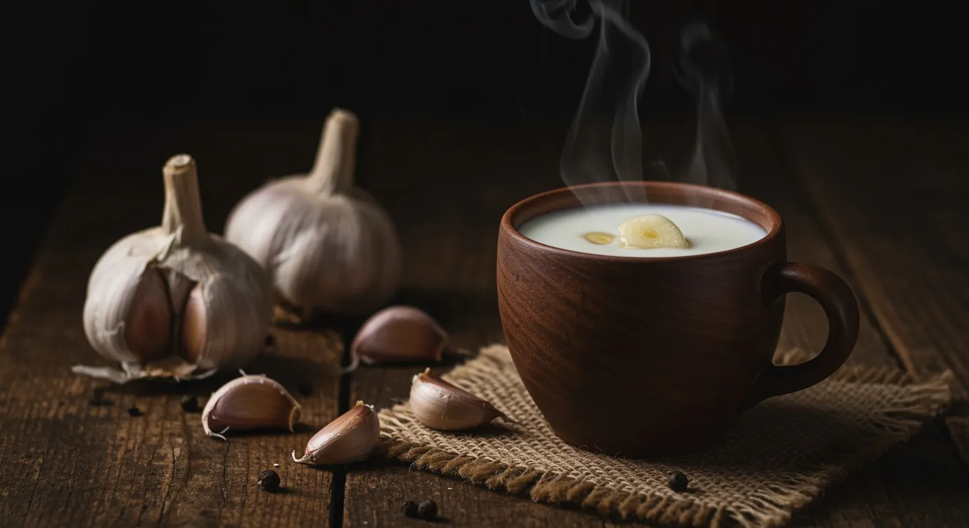 Small ceramic mug of warm garlic-infused milk on a wooden surface with whole garlic bulbs and a few peeled cloves arranged nearby