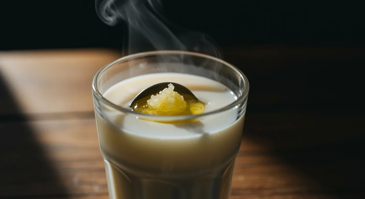 Glass of warm milk on a wooden table with a small brass spoon of golden ghee resting beside it