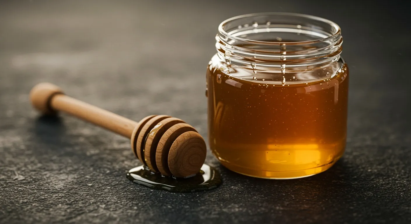 Small open glass jar of golden raw honey with a wooden honey dipper resting beside it on a stone surface in natural light