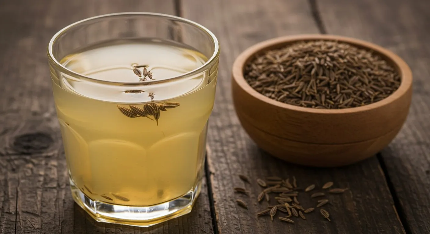 Glass of warm golden jeera water beside a small wooden bowl of whole cumin seeds on a wooden table