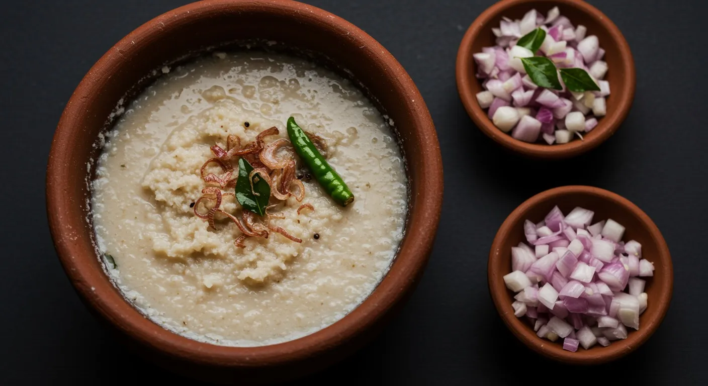 Earthen pot of chilled kambu koozh topped with chopped shallots and green chili, with a side of raw shallots and curry leaves