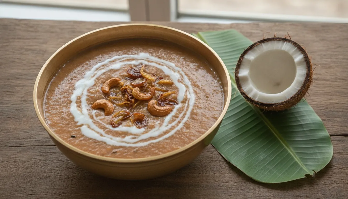 Bronze bowl of creamy reddish-brown karkidaka kanji porridge topped with fried shallots and cashews in ghee, with a coconut half and jaggery pieces beside it