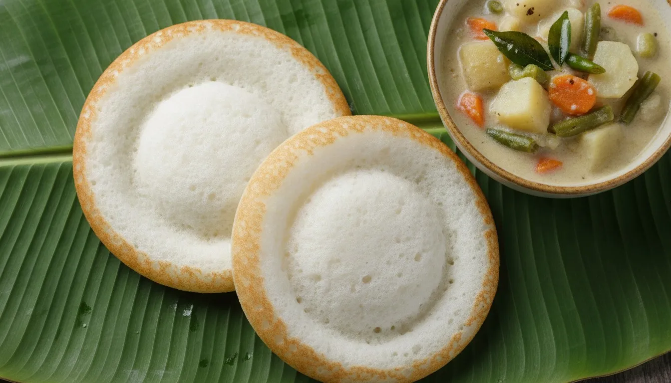 Two Kerala appams with soft white centers and thin lacy golden edges on a banana leaf, served with a small bowl of vegetable stew