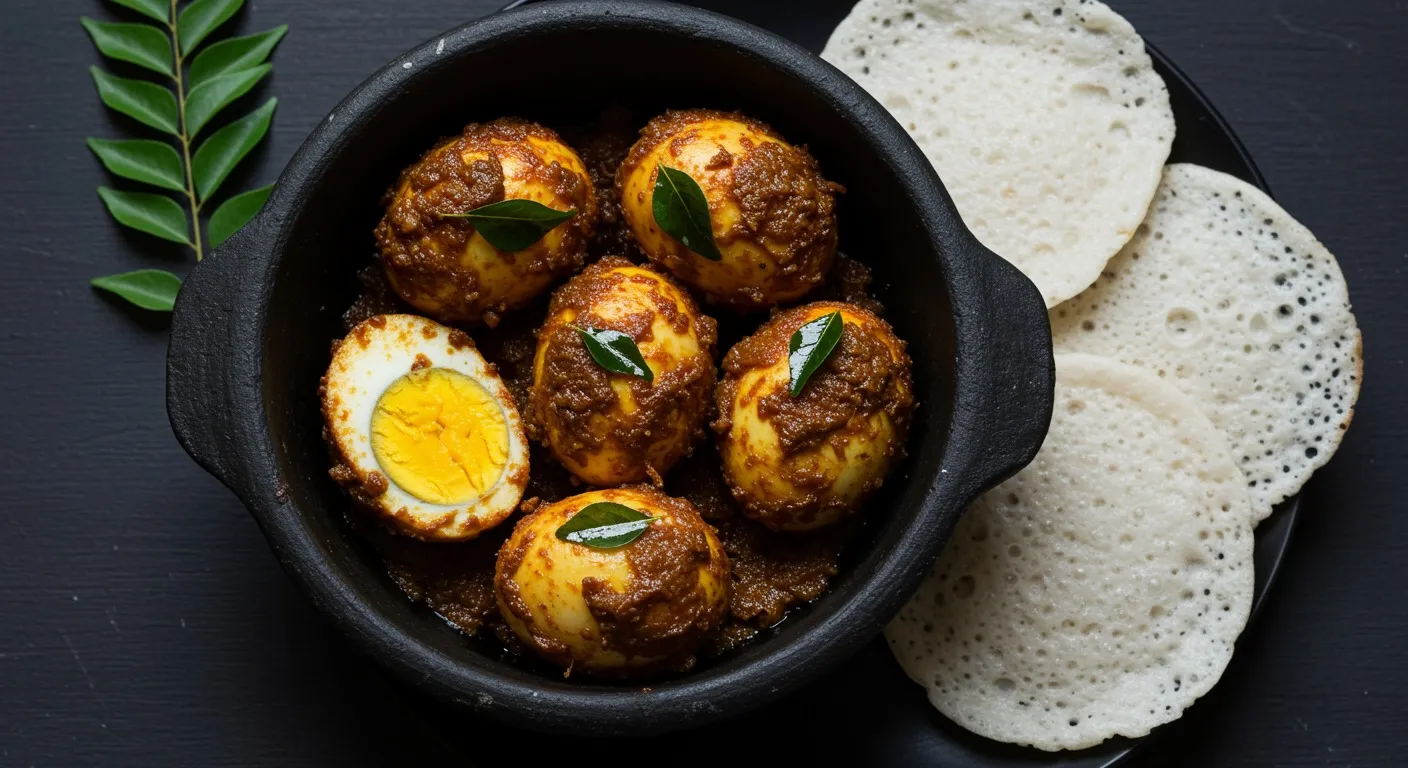 Halved boiled eggs coated in dark caramelized onion masala in a black clay pot, garnished with curry leaves and coriander, served beside soft white appam
