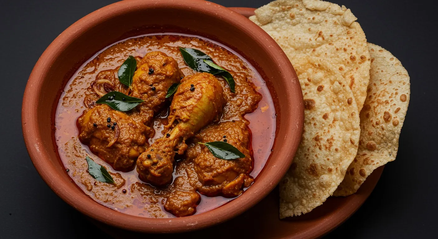 Bowl of Mangalorean kori gassi chicken curry in deep orange coconut gravy, topped with fried onions and curry leaves, served beside crisp kori rotti.