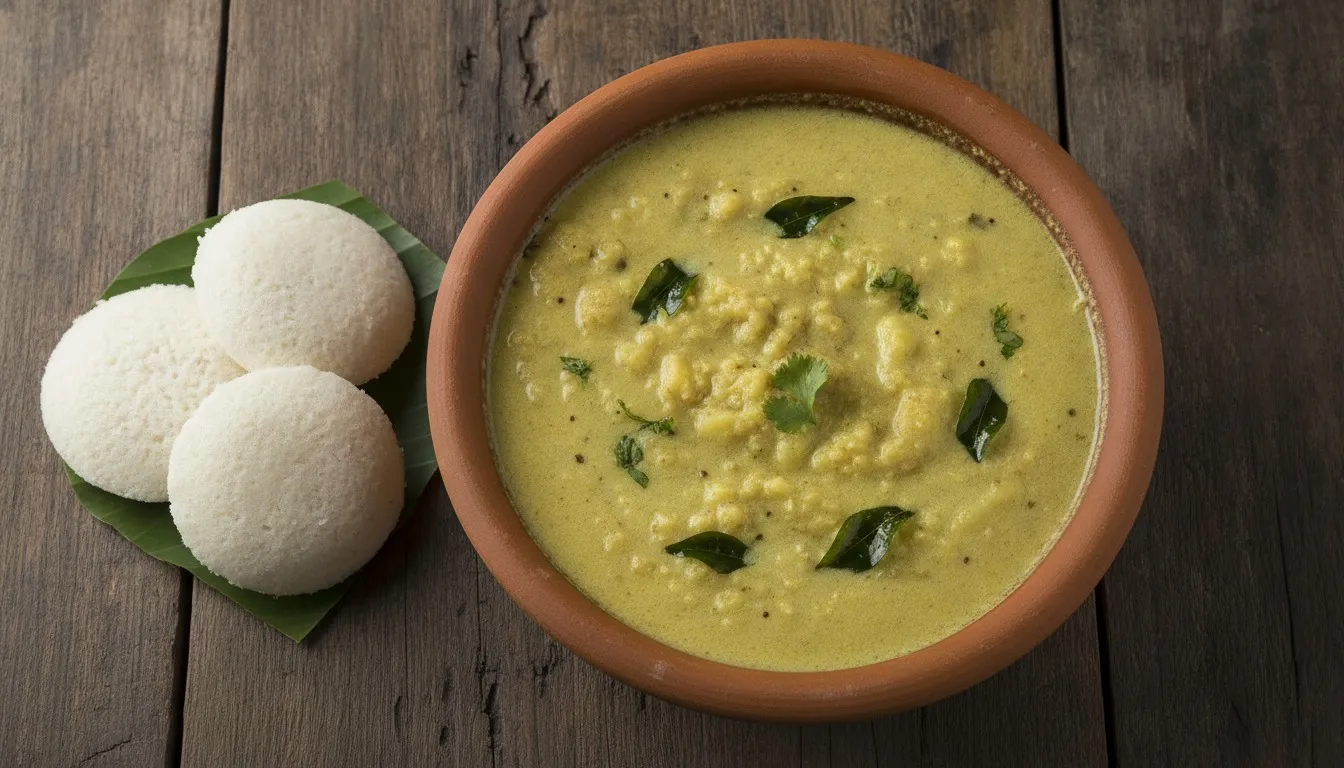 Bowl of creamy pale-yellow Kumbakonam kadappa with mashed potato and moong dal in coconut gravy, garnished with curry leaves and coriander, served beside soft idlis