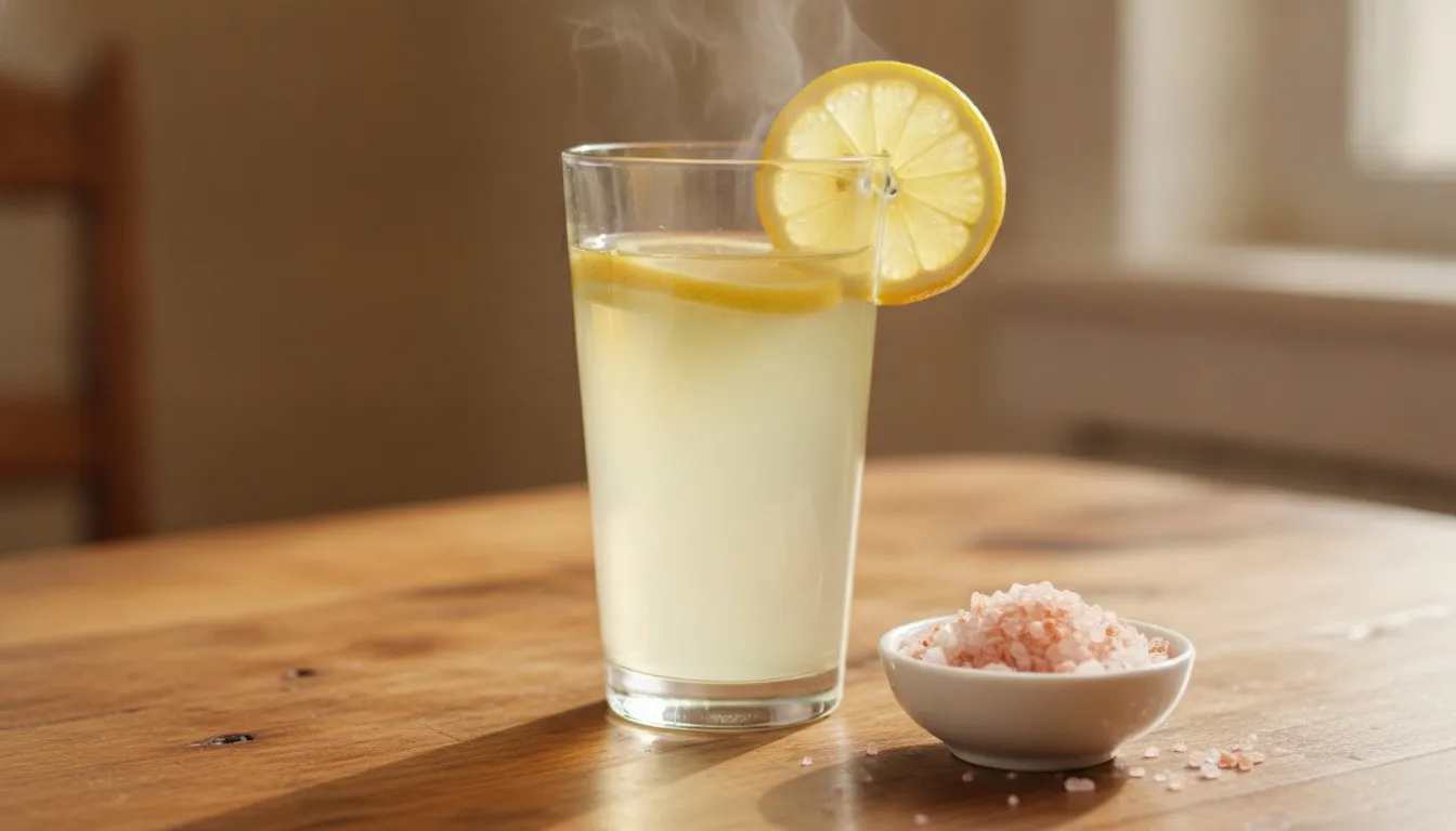 Glass of warm lemon water with a halved lemon and a small bowl of pink rock salt on a wooden table