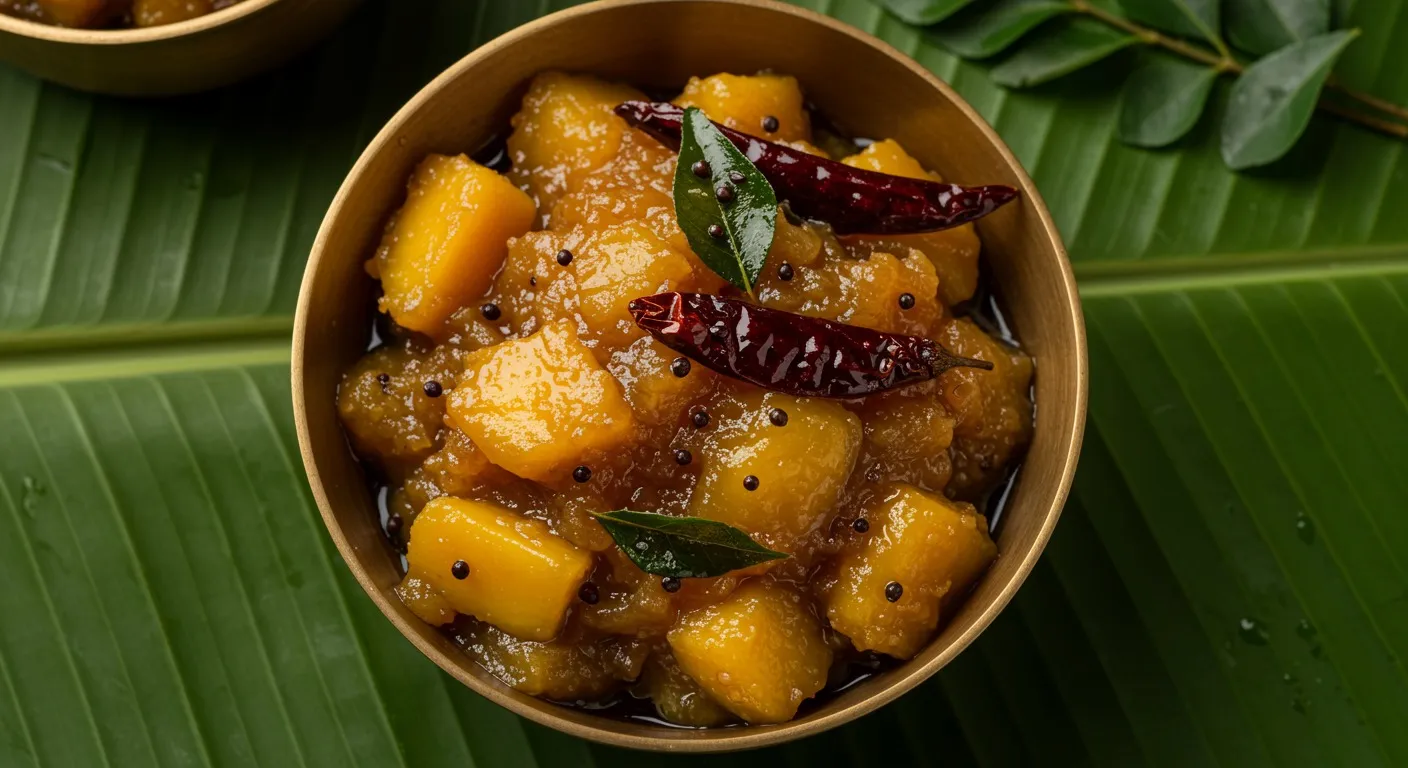 Bowl of golden mango pachadi with soft raw mango pieces in a glossy jaggery sauce, topped with mustard seeds, dried red chilies, and curry leaves