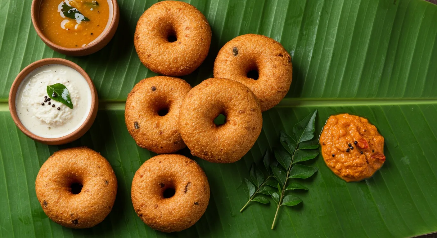 Plate of golden crispy medu vada with center holes, served with a bowl of sambar and white coconut chutney, curry leaves on the side
