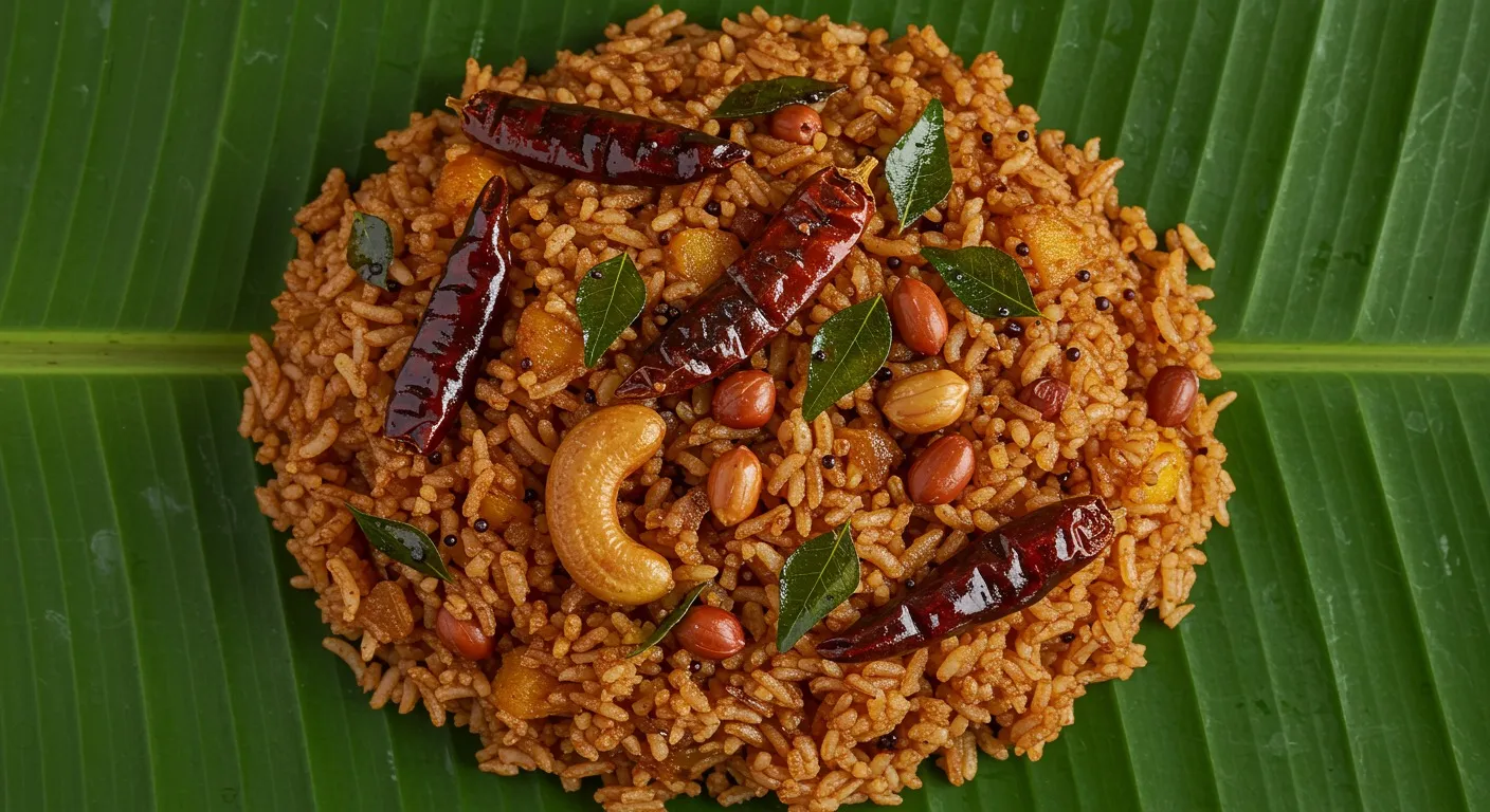 Bowl of Melukote puliyogare tamarind rice studded with peanuts and curry leaves, garnished with fried red chilies