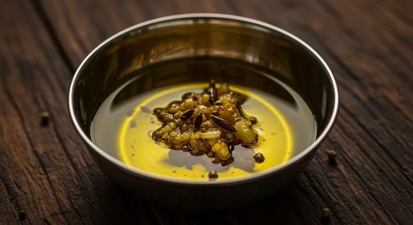 Small bowl of golden mustard oil infused with crushed garlic cloves and carom seeds on a wooden surface