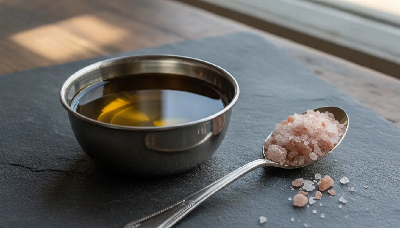 Small steel bowl of golden mustard oil beside a spoon of coarse pink rock salt on a dark stone surface