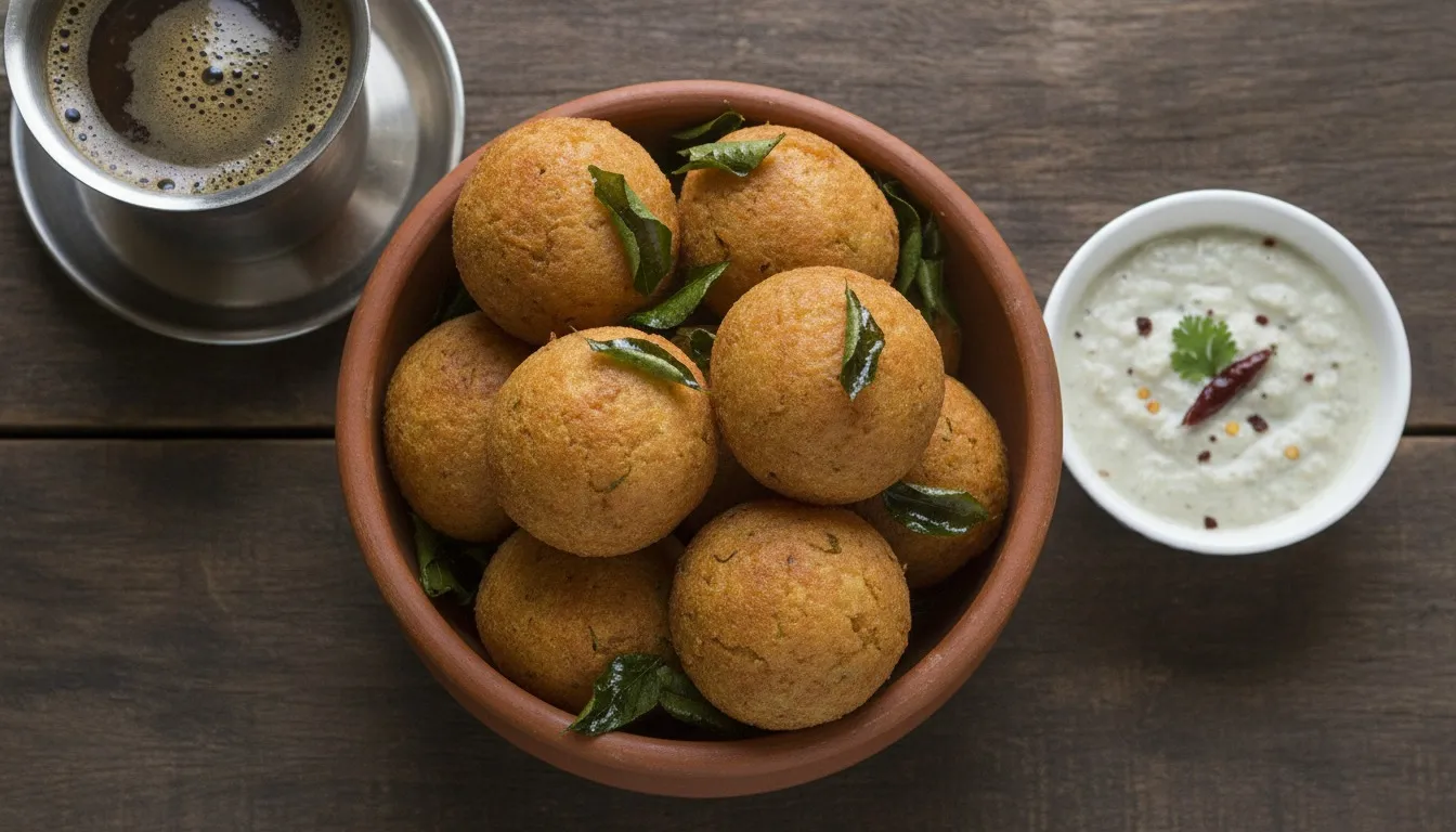 Bowl of round golden brown Mysore bonda scattered with curry leaves, served with white coconut chutney and a small tumbler of filter coffee.