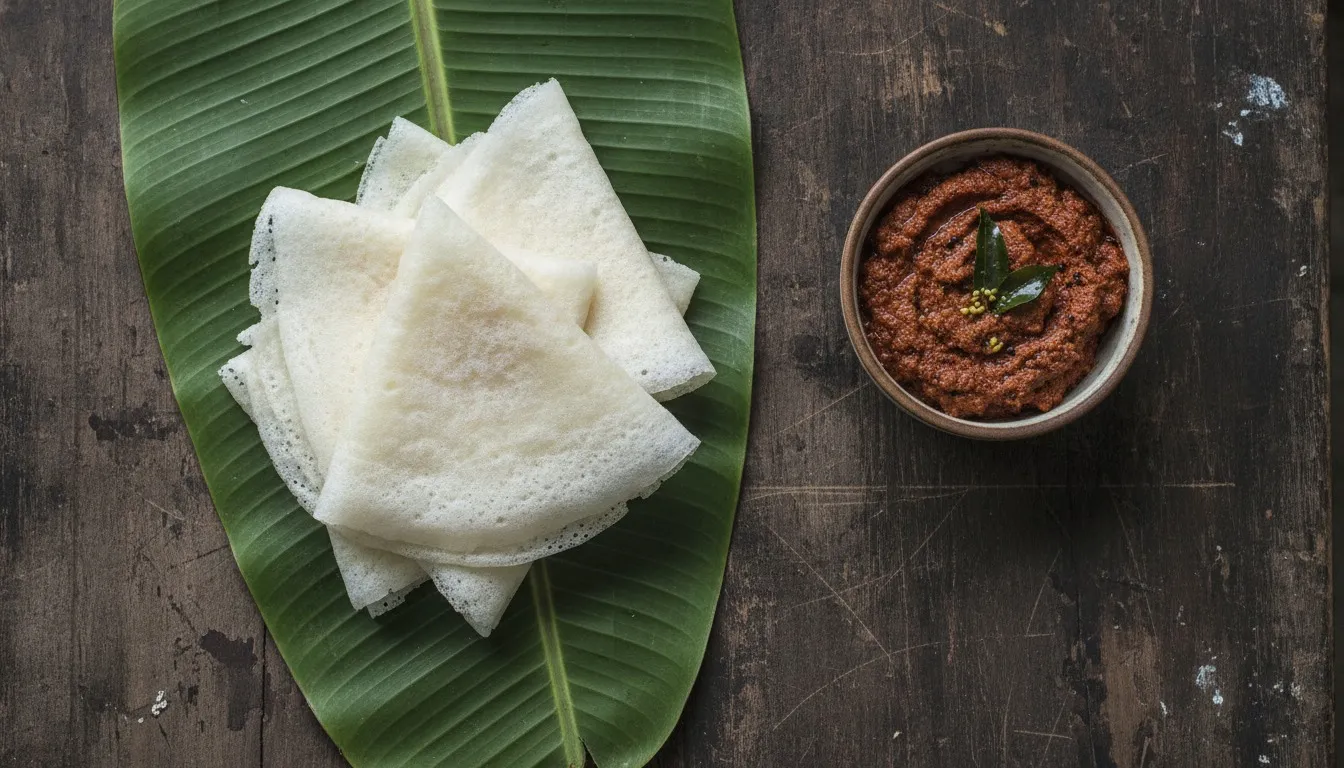 Folded soft white neer dosa triangles stacked on a banana leaf beside a bowl of red coconut chutney