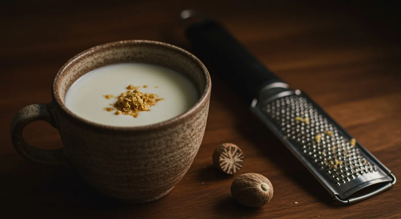 Small cup of warm milk dusted with freshly grated nutmeg, a whole nutmeg seed and microplane grater beside it on a wooden surface