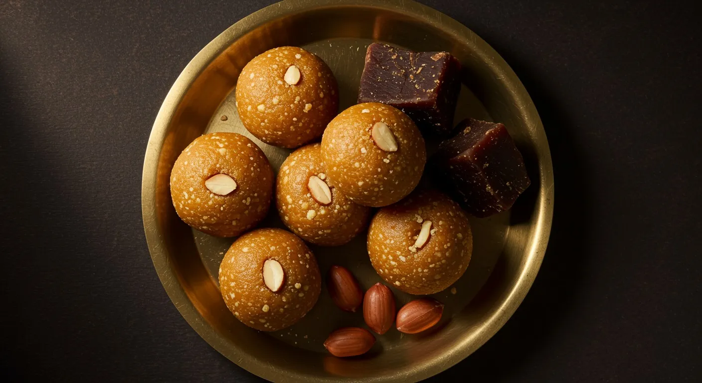 A stack of round golden brown peanut jaggery ladoos on a brass plate, with whole roasted peanuts and a chunk of dark jaggery beside them on a wooden table.