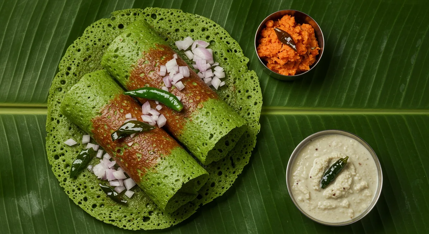 Crispy green pesarattu folded on a banana leaf, topped with finely chopped onions and green chili, served with ginger chutney and a small bowl of upma