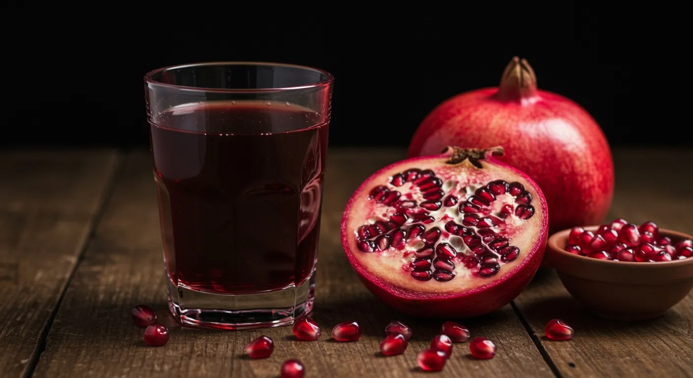 Glass of fresh ruby pomegranate juice beside a halved pomegranate and a small bowl of arils on a wooden surface