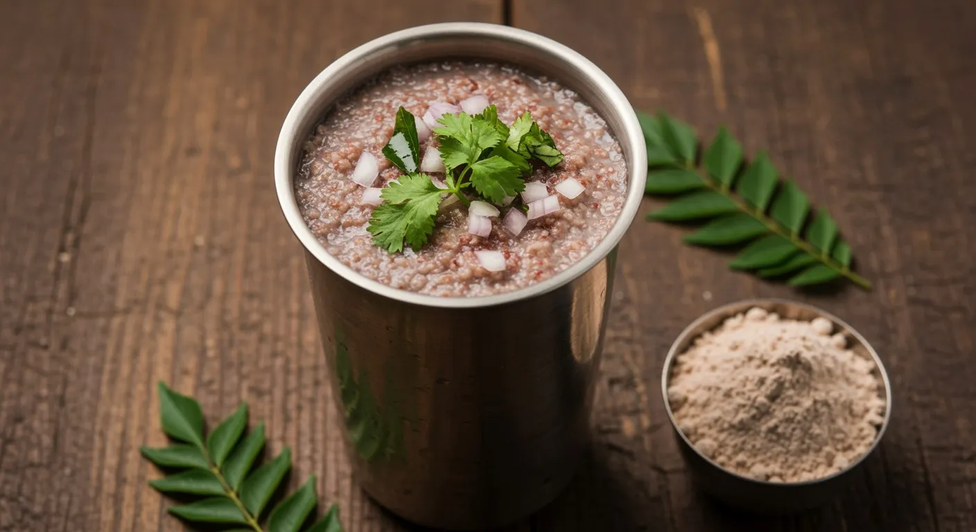 Tall glass of pale brown ragi ambli topped with chopped onion, coriander, and curry leaves, set beside a small bowl of finger millet flour