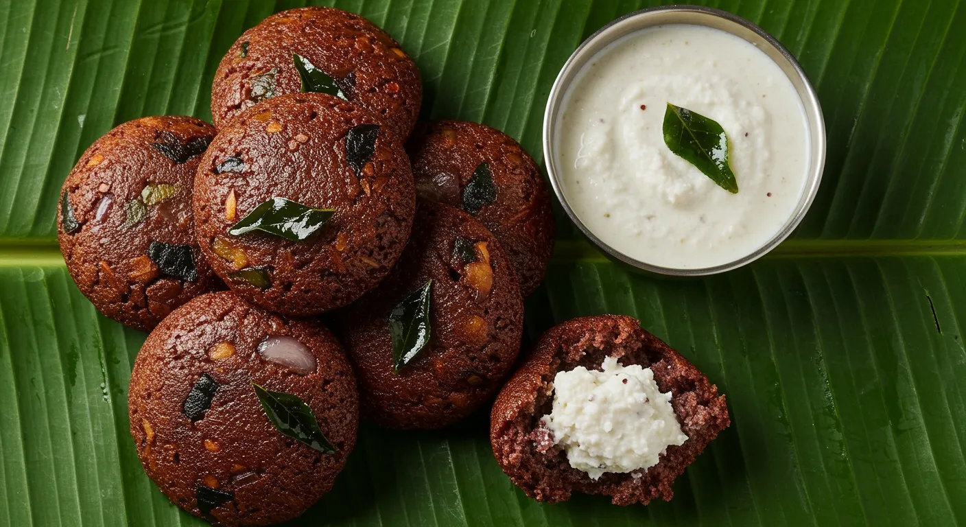 Plate of golden brown ragi kuzhi paniyaram studded with onion and curry leaves, served with coconut chutney on a banana leaf