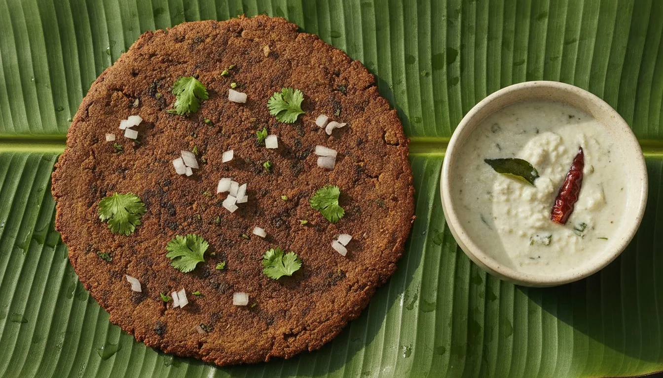 Golden ragi rotti on a cast iron tawa flecked with onion and coriander, served with white coconut chutney on a banana leaf
