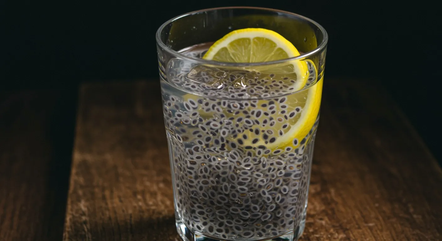 Tall glass of water with soaked translucent-black sabja seeds and a slice of lemon, on a wooden surface