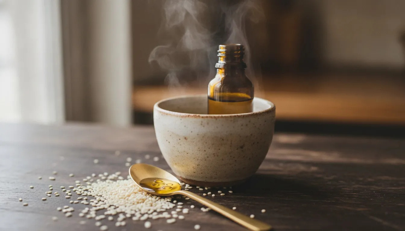 Small glass bottle of golden sesame oil warming in a cup of hot water beside a bowl of raw white sesame seeds