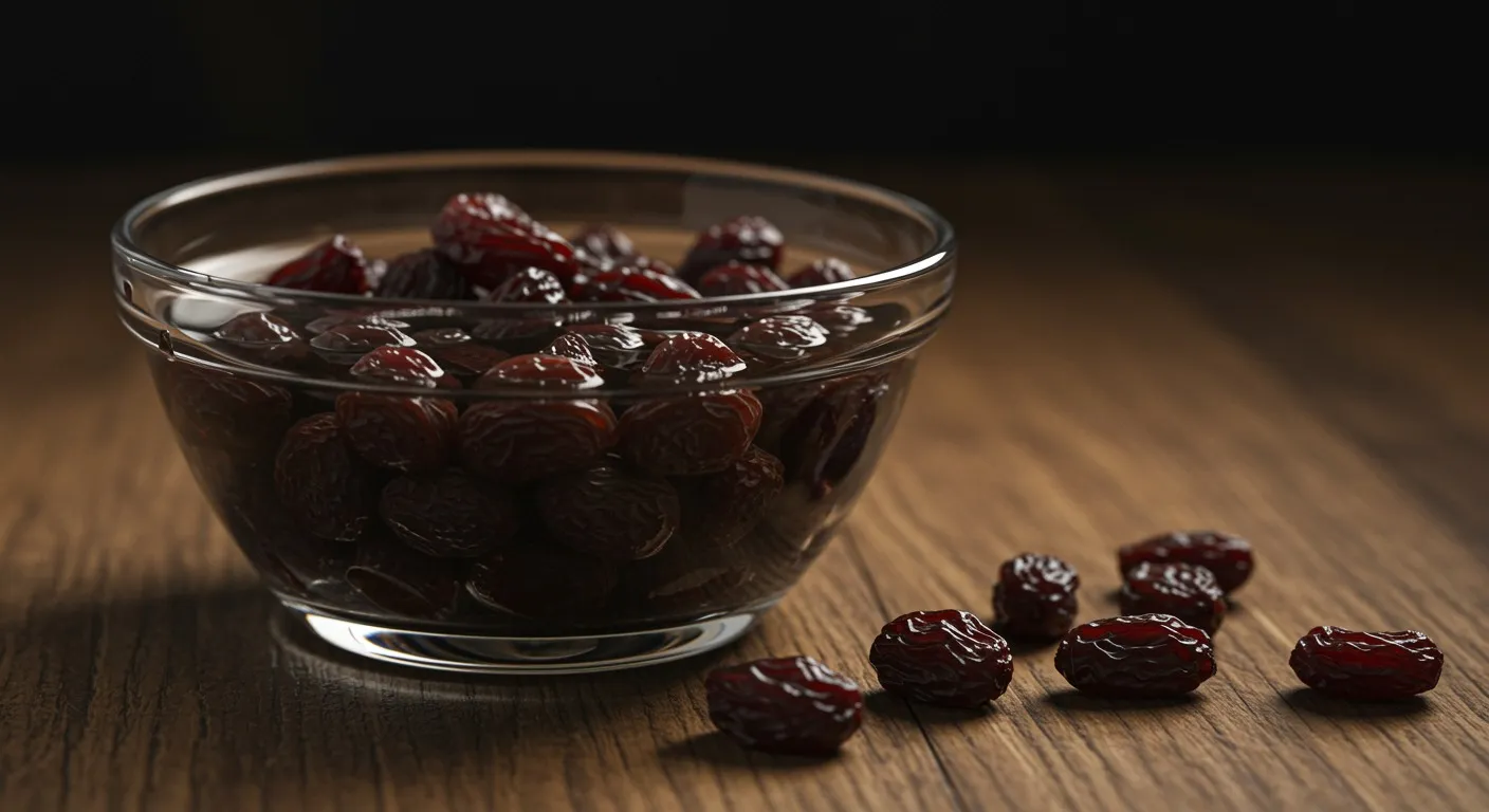 Small clear glass bowl of black raisins soaking in warm water on a wooden surface, with a few loose raisins beside it