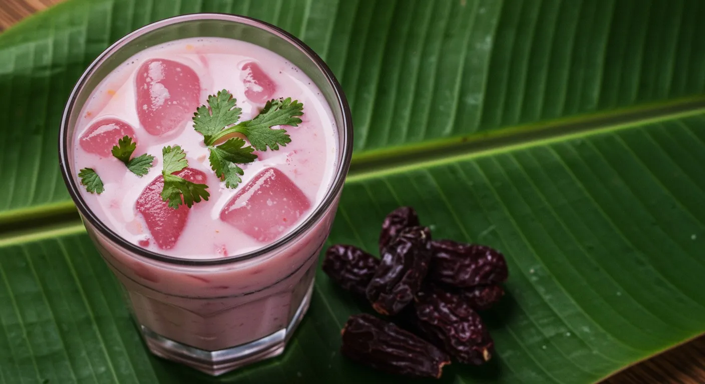 Glass of pale pink sol kadhi garnished with chopped cilantro, served chilled beside whole dried kokum and a bowl of steamed rice