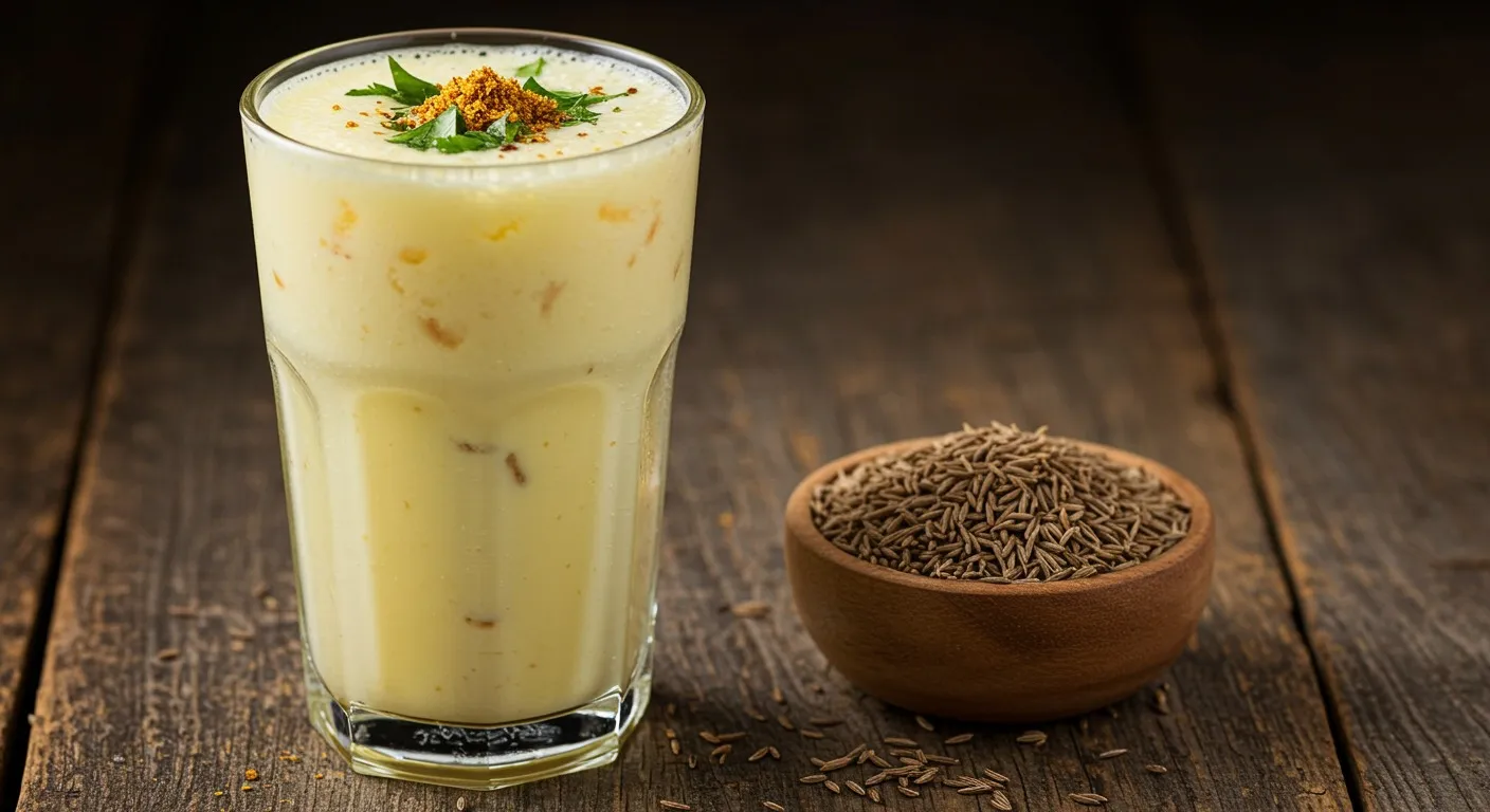 Tall clear glass of frothy pale yellow buttermilk topped with chopped coriander and a sprinkle of roasted cumin, beside a small bowl of whole cumin seeds on a weathered wooden table