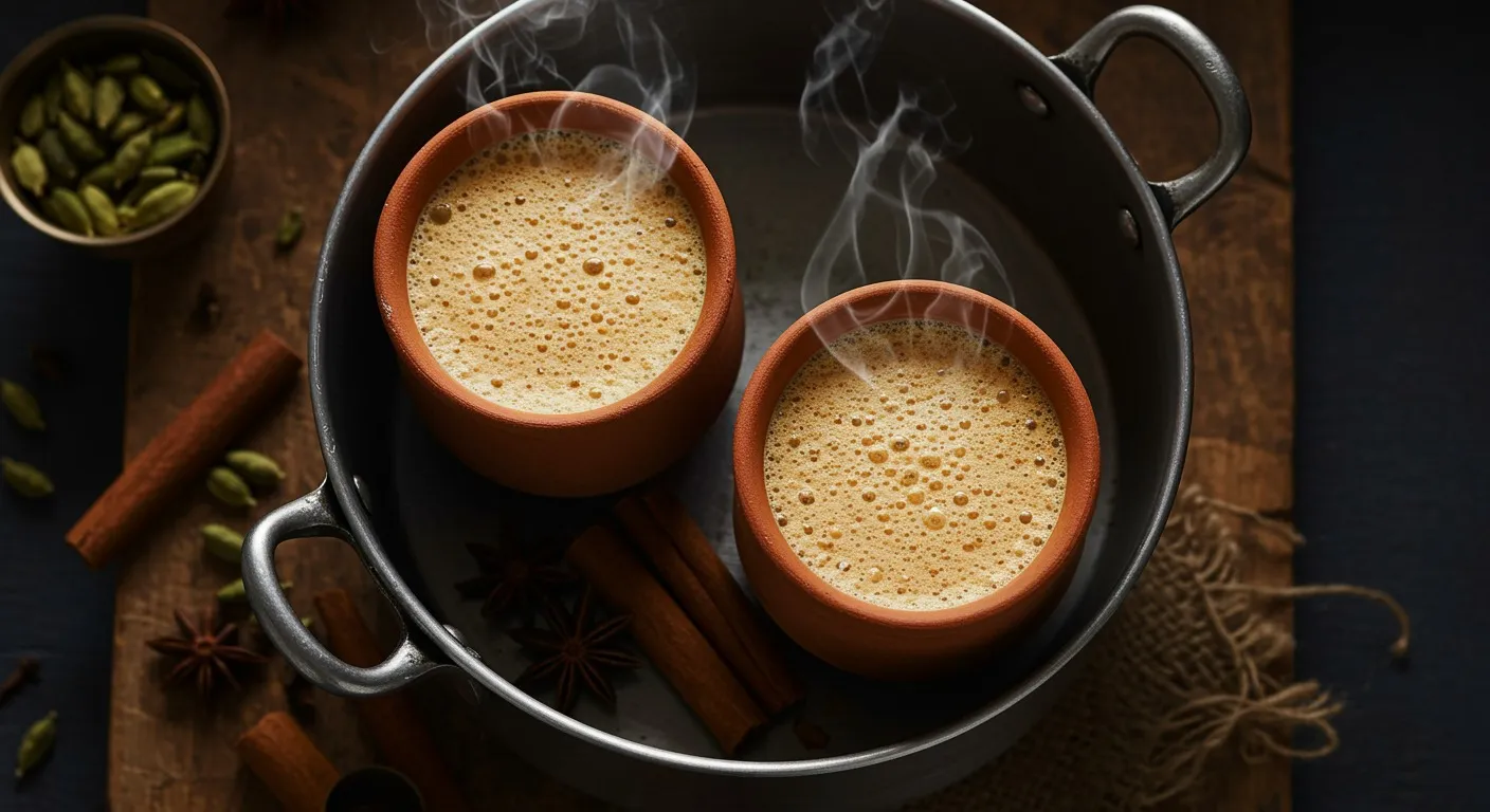 Frothy tandoori chai poured into a hot clay kulhad set inside a steel bowl, steam rising, with tea leaves and cardamom scattered nearby