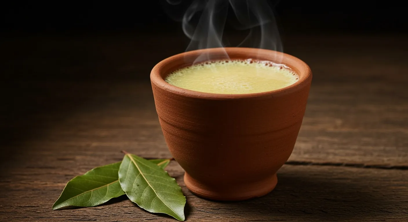 Small clay cup of warm pale golden tej patta decoction with two whole Indian bay leaves resting on a rustic wooden surface