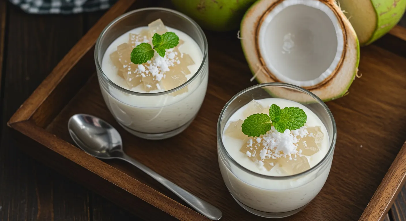 Two glass cups of pale tender coconut pudding topped with chopped tender coconut pieces and a mint leaf, served chilled on a wooden tray