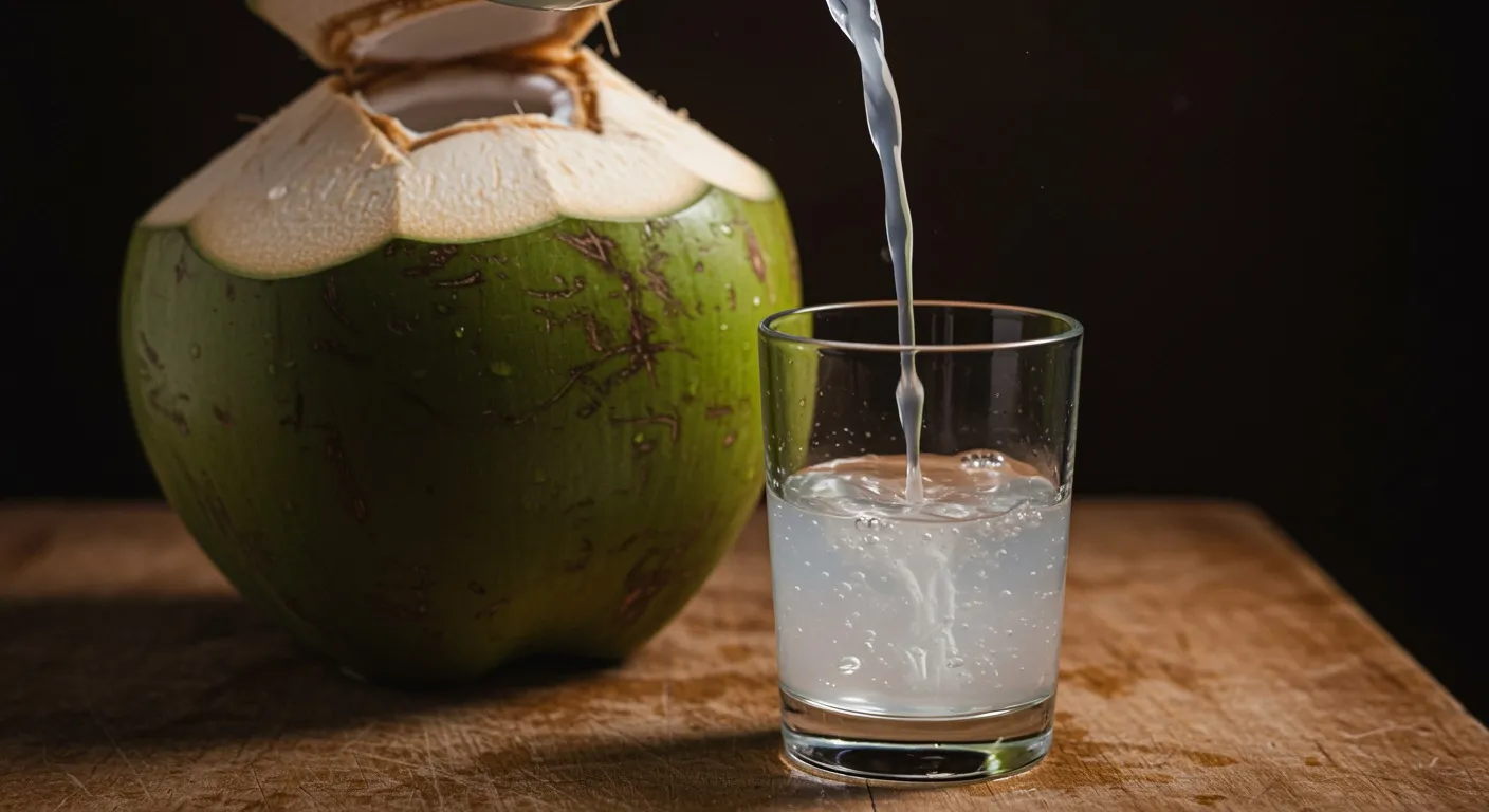 Fresh green tender coconut cut open with a straw, pale coconut water poured into a clear glass on a wooden table