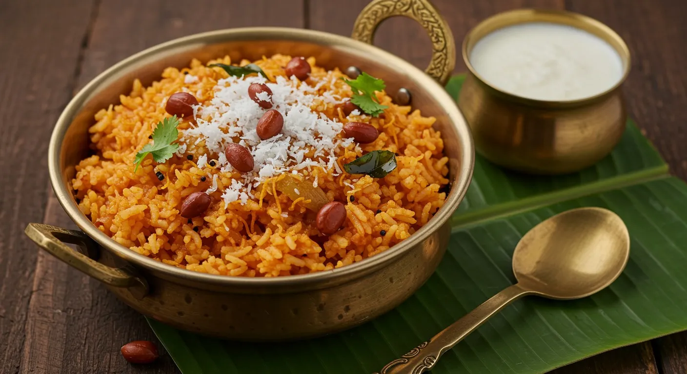 Bowl of Karnataka tomato chitranna topped with grated coconut, roasted peanuts, and chopped coriander, served with a small side of plain curd